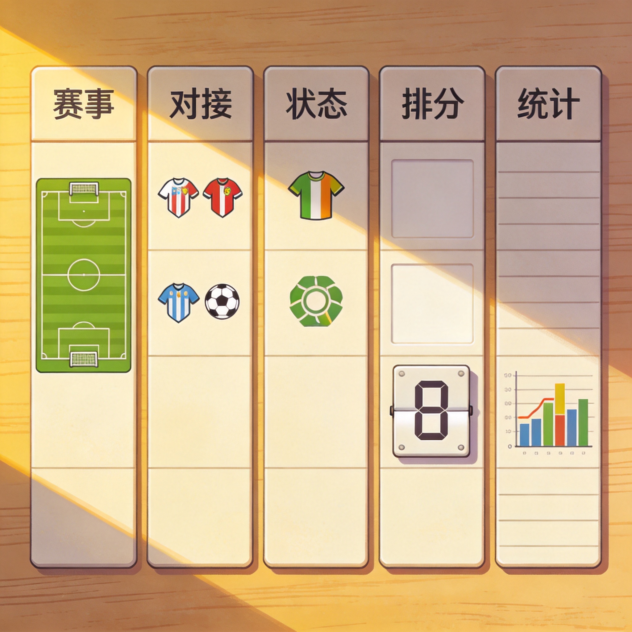 比赛数据字段示意，展示赛事、对阵、状态、比分与统计字段的分列结构